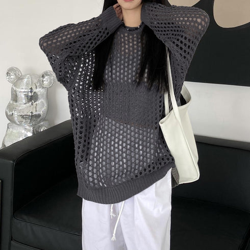 メッシュニット 透かし編みトップス 長袖 おしゃれサマーニット ゆったり レディース ニットブラウス プルオーバー韓国 重ね着フィッシュネットニット 肌見せ透け感 6XINANYT-030