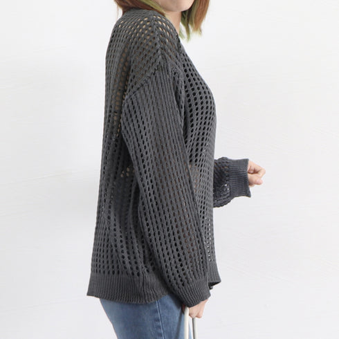メッシュニット 透かし編みトップス 長袖 おしゃれサマーニット ゆったり レディース ニットブラウス プルオーバー韓国 重ね着フィッシュネットニット 肌見せ透け感 6XINANYT-030