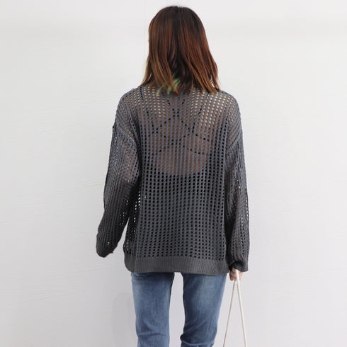 メッシュニット 透かし編みトップス 長袖 おしゃれサマーニット ゆったり レディース ニットブラウス プルオーバー韓国 重ね着フィッシュネットニット 肌見せ透け感 6XINANYT-030