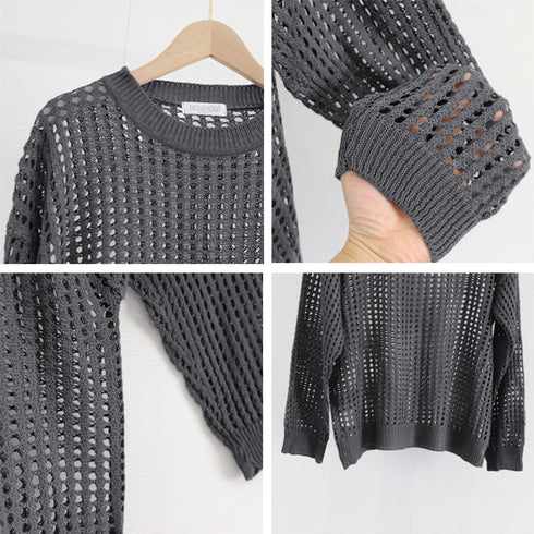 メッシュニット 透かし編みトップス 長袖 おしゃれサマーニット ゆったり レディース ニットブラウス プルオーバー韓国 重ね着フィッシュネットニット 肌見せ透け感 6XINANYT-030