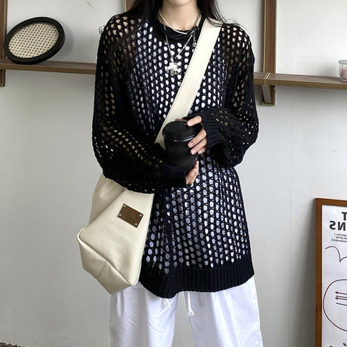 メッシュニット 透かし編みトップス 長袖 おしゃれサマーニット ゆったり レディース ニットブラウス プルオーバー韓国 重ね着フィッシュネットニット 肌見せ透け感 6XINANYT-030