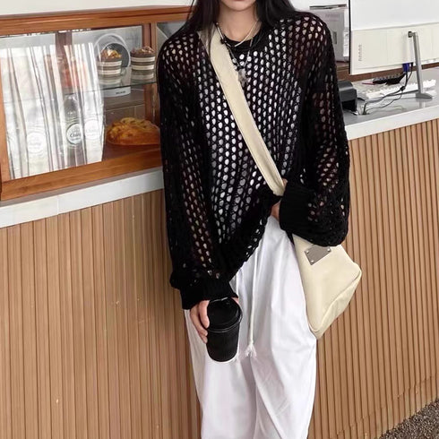 メッシュニット 透かし編みトップス 長袖 おしゃれサマーニット ゆったり レディース ニットブラウス プルオーバー韓国 重ね着フィッシュネットニット 肌見せ透け感 6XINANYT-030