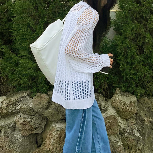 メッシュニット 透かし編みトップス 長袖 おしゃれサマーニット ゆったり レディース ニットブラウス プルオーバー韓国 重ね着フィッシュネットニット 肌見せ透け感 6XINANYT-030