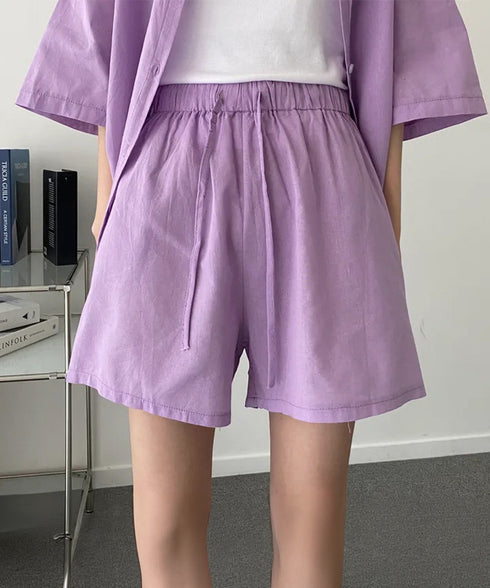 半袖シャツ ショートパンツ セットアップ 大人カジュアルトップス ハイウエストショーパン 脚長見え 薄手夏向け上下セット ゆったり リラックスウェア着やせ 韓国風 6XRL-001