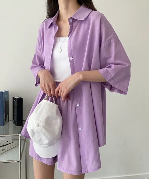半袖シャツ ショートパンツ セットアップ 大人カジュアルトップス ハイウエストショーパン 脚長見え 薄手夏向け上下セット ゆったり リラックスウェア着やせ 韓国風 6XRL-001
