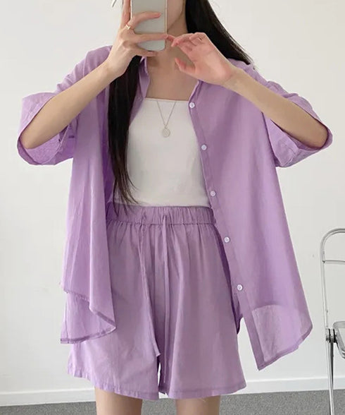 半袖シャツ ショートパンツ セットアップ 大人カジュアルトップス ハイウエストショーパン 脚長見え 薄手夏向け上下セット ゆったり リラックスウェア着やせ 韓国風 6XRL-001