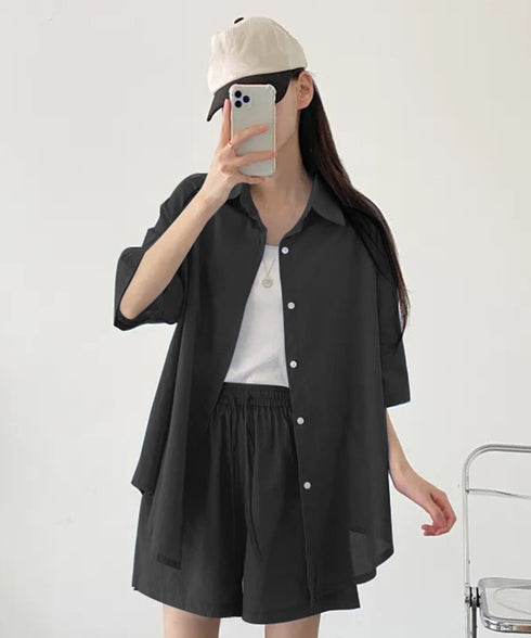 半袖シャツ ショートパンツ セットアップ 大人カジュアルトップス ハイウエストショーパン 脚長見え 薄手夏向け上下セット ゆったり リラックスウェア着やせ 韓国風 6XRL-001