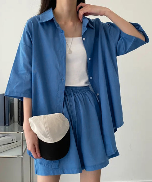 半袖シャツ ショートパンツ セットアップ 大人カジュアルトップス ハイウエストショーパン 脚長見え 薄手夏向け上下セット ゆったり リラックスウェア着やせ 韓国風 6XRL-001