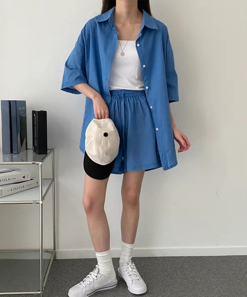 半袖シャツ ショートパンツ セットアップ 大人カジュアルトップス ハイウエストショーパン 脚長見え 薄手夏向け上下セット ゆったり リラックスウェア着やせ 韓国風 6XRL-001