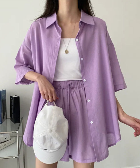 半袖シャツ ショートパンツ セットアップ 大人カジュアルトップス ハイウエストショーパン 脚長見え 薄手夏向け上下セット ゆったり リラックスウェア着やせ 韓国風 6XRL-001