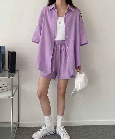 半袖シャツ ショートパンツ セットアップ 大人カジュアルトップス ハイウエストショーパン 脚長見え 薄手夏向け上下セット ゆったり リラックスウェア着やせ 韓国風 6XRL-001