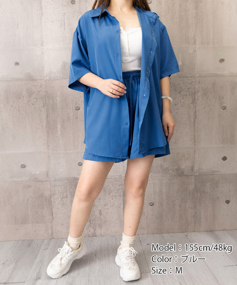 半袖シャツ ショートパンツ セットアップ 大人カジュアルトップス ハイウエストショーパン 脚長見え 薄手夏向け上下セット ゆったり リラックスウェア着やせ 韓国風 6XRL-001