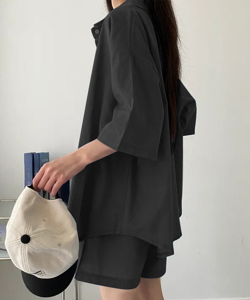 半袖シャツ ショートパンツ セットアップ 大人カジュアルトップス ハイウエストショーパン 脚長見え 薄手夏向け上下セット ゆったり リラックスウェア着やせ 韓国風 6XRL-001
