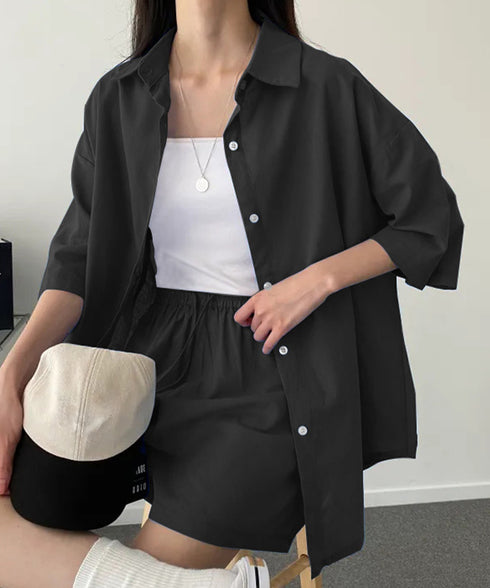 半袖シャツ ショートパンツ セットアップ 大人カジュアルトップス ハイウエストショーパン 脚長見え 薄手夏向け上下セット ゆったり リラックスウェア着やせ 韓国風 6XRL-001