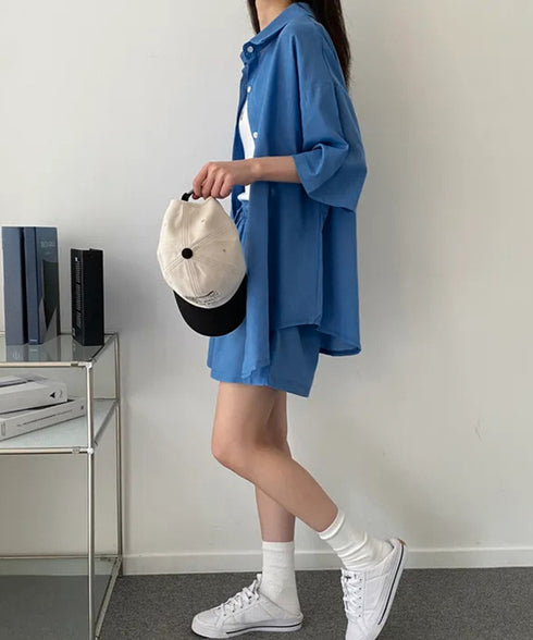 半袖シャツ ショートパンツ セットアップ 大人カジュアルトップス ハイウエストショーパン 脚長見え 薄手夏向け上下セット ゆったり リラックスウェア着やせ 韓国風 6XRL-001
