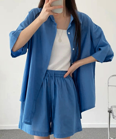 半袖シャツ ショートパンツ セットアップ 大人カジュアルトップス ハイウエストショーパン 脚長見え 薄手夏向け上下セット ゆったり リラックスウェア着やせ 韓国風 6XRL-001