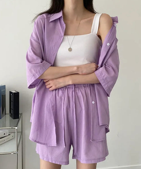 半袖シャツ ショートパンツ セットアップ 大人カジュアルトップス ハイウエストショーパン 脚長見え 薄手夏向け上下セット ゆったり リラックスウェア着やせ 韓国風 6XRL-001
