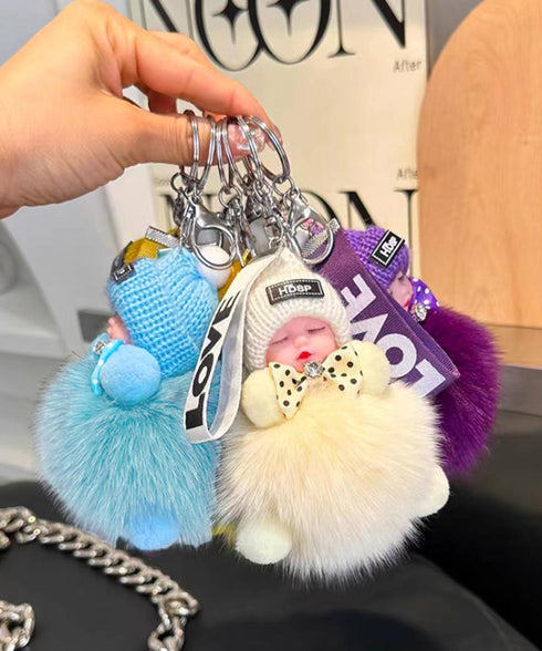 バッグチャーム可愛い赤ちゃんキーホルダー 韓国風 ふわふわドールチャーム ぬいぐるみチャーム もこもこ おやすみ赤ちゃん飾りバッグアクセサリー ファーチャーム人気 6YANNI-002