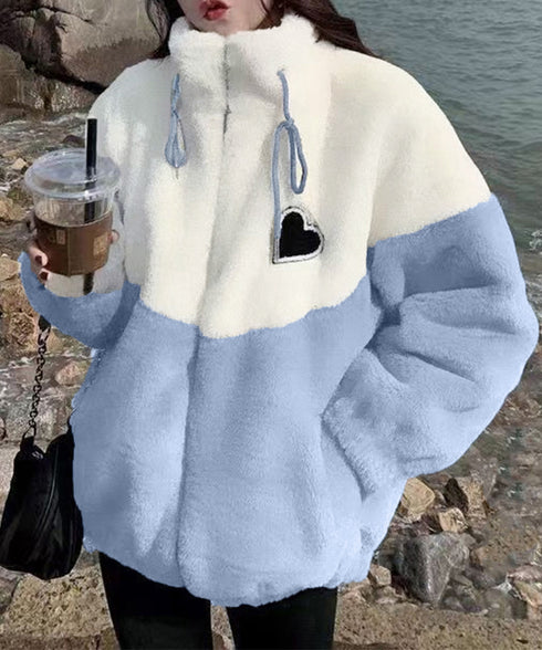 スタンドカラーボアジャケット バイカラー ボアブルゾン レディース ジップアップ ボアカーディガン 暖かい 秋冬服 ハートフリースアウター カジュアル おしゃれ 6YIGUL-003