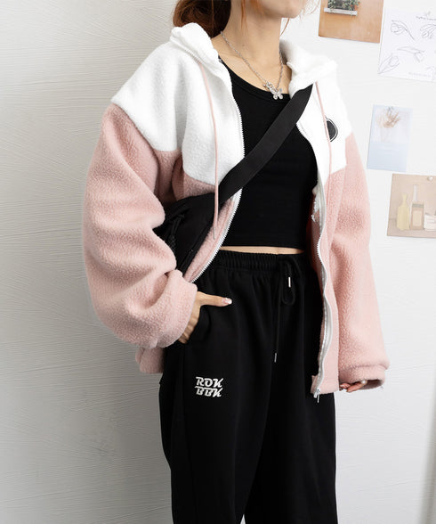 スタンドカラーボアジャケット バイカラー ボアブルゾン レディース ジップアップ ボアカーディガン 暖かい 秋冬服 ハートフリースアウター カジュアル おしゃれ 6YIGUL-003