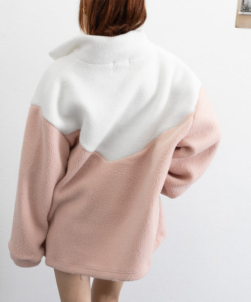 スタンドカラーボアジャケット バイカラー ボアブルゾン レディース ジップアップ ボアカーディガン 暖かい 秋冬服 ハートフリースアウター カジュアル おしゃれ 6YIGUL-003