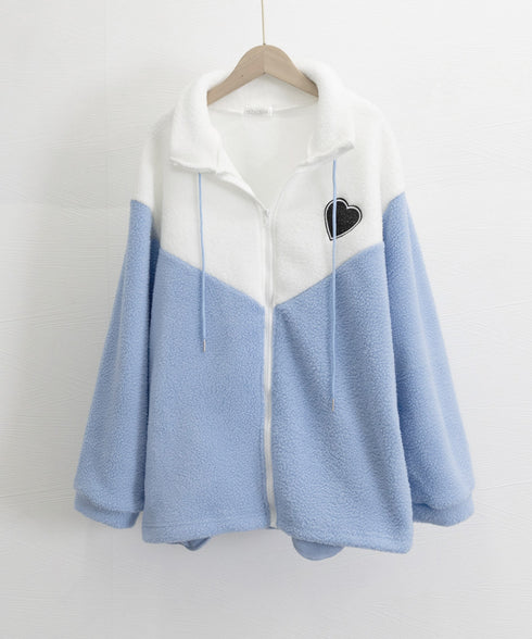 スタンドカラーボアジャケット バイカラー ボアブルゾン レディース ジップアップ ボアカーディガン 暖かい 秋冬服 ハートフリースアウター カジュアル おしゃれ 6YIGUL-003