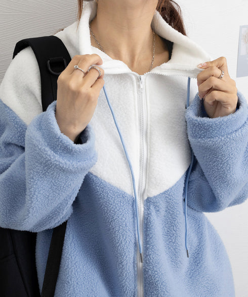 スタンドカラーボアジャケット バイカラー ボアブルゾン レディース ジップアップ ボアカーディガン 暖かい 秋冬服 ハートフリースアウター カジュアル おしゃれ 6YIGUL-003