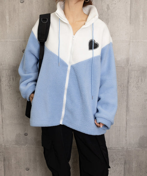 スタンドカラーボアジャケット バイカラー ボアブルゾン レディース ジップアップ ボアカーディガン 暖かい 秋冬服 ハートフリースアウター カジュアル おしゃれ 6YIGUL-003