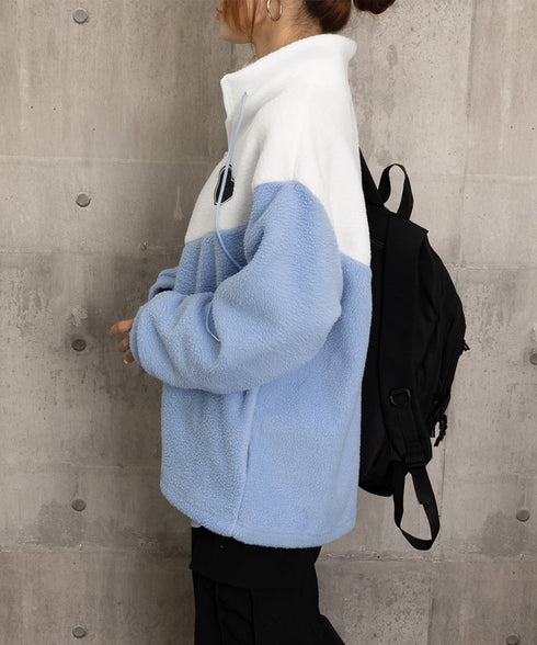 スタンドカラーボアジャケット バイカラー ボアブルゾン レディース ジップアップ ボアカーディガン 暖かい 秋冬服 ハートフリースアウター カジュアル おしゃれ 6YIGUL-003