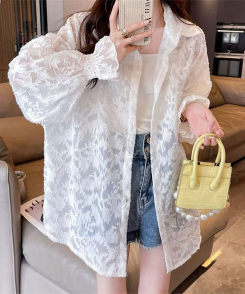 ジャガードシアーカーディガン レディース シースルートップス UV対策 シアーシャツ BIGシルエットシアーブラウス 大人可愛い羽織り 体型カバートップス透け感 6YIGUL-004