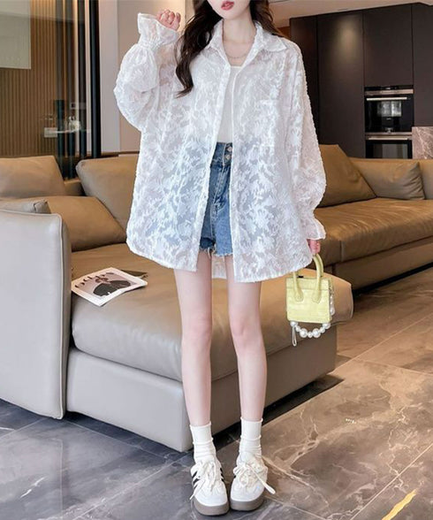 ジャガードシアーカーディガン レディース シースルートップス UV対策 シアーシャツ BIGシルエットシアーブラウス 大人可愛い羽織り 体型カバートップス透け感 6YIGUL-004