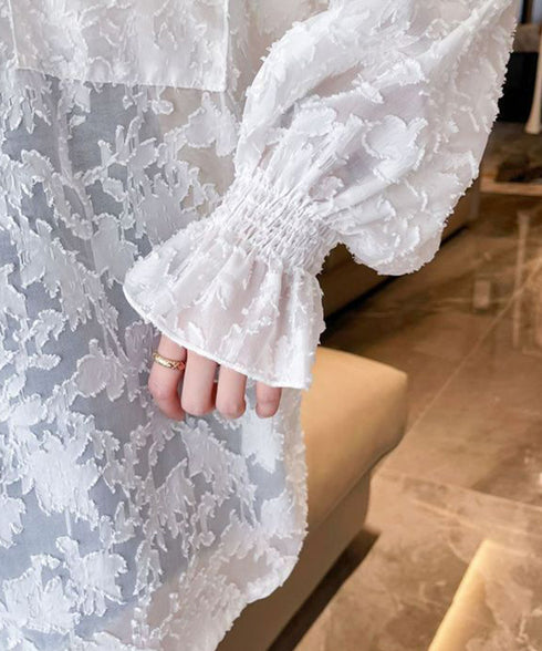 ジャガードシアーカーディガン レディース シースルートップス UV対策 シアーシャツ BIGシルエットシアーブラウス 大人可愛い羽織り 体型カバートップス透け感 6YIGUL-004