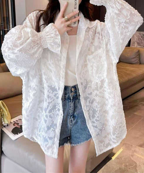 ジャガードシアーカーディガン レディース シースルートップス UV対策 シアーシャツ BIGシルエットシアーブラウス 大人可愛い羽織り 体型カバートップス透け感 6YIGUL-004