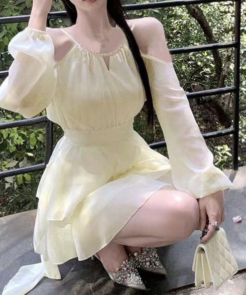 オフショルダーミニワンピース 可愛い夏服 ホルターネック チュニックワンピース レディース ウエストマーク フリルティアードワンピース きれいめワンピ フェミニン 6YIGUL-005