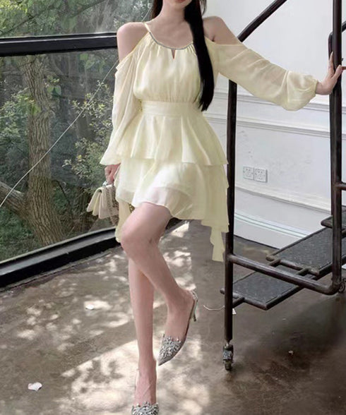 オフショルダーミニワンピース 可愛い夏服 ホルターネック チュニックワンピース レディース ウエストマーク フリルティアードワンピース きれいめワンピ フェミニン 6YIGUL-005