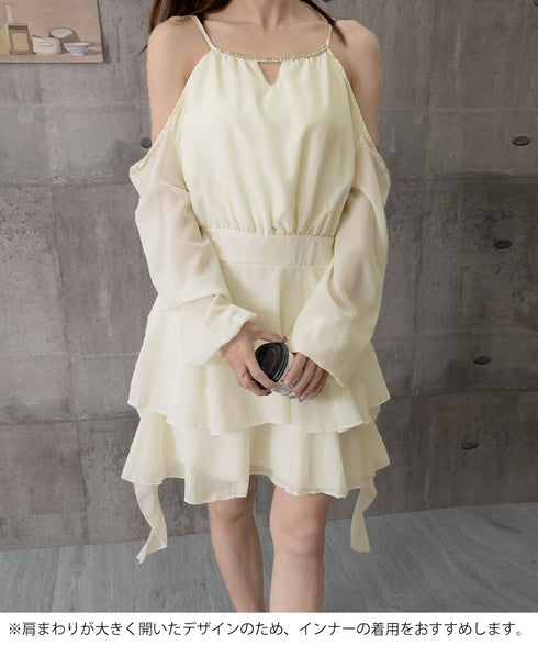オフショルダーミニワンピース 可愛い夏服 ホルターネック チュニックワンピース レディース ウエストマーク フリルティアードワンピース きれいめワンピ フェミニン 6YIGUL-005