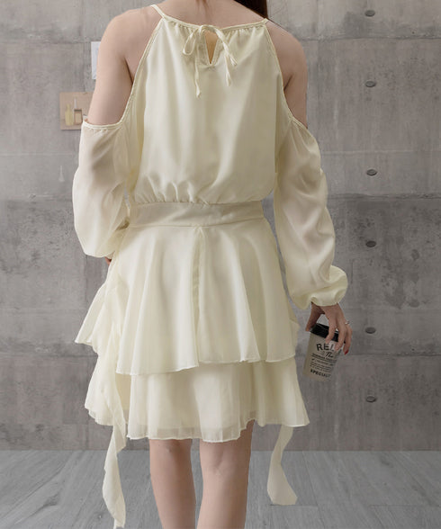 オフショルダーミニワンピース 可愛い夏服 ホルターネック チュニックワンピース レディース ウエストマーク フリルティアードワンピース きれいめワンピ フェミニン 6YIGUL-005