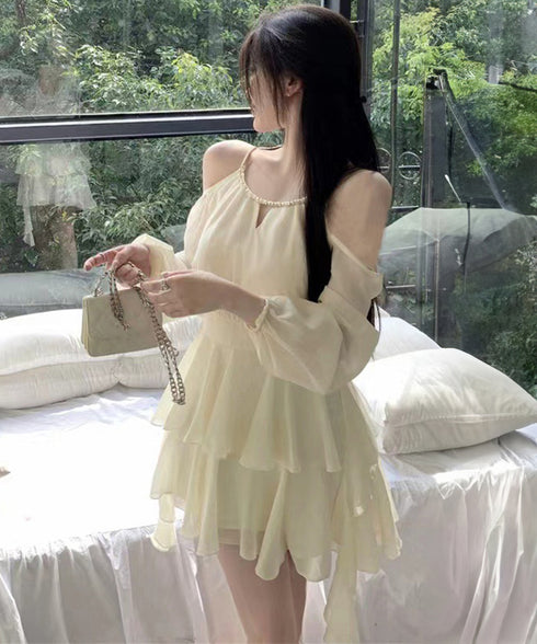オフショルダーミニワンピース 可愛い夏服 ホルターネック チュニックワンピース レディース ウエストマーク フリルティアードワンピース きれいめワンピ フェミニン 6YIGUL-005