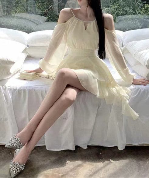 オフショルダーミニワンピース 可愛い夏服 ホルターネック チュニックワンピース レディース ウエストマーク フリルティアードワンピース きれいめワンピ フェミニン 6YIGUL-005