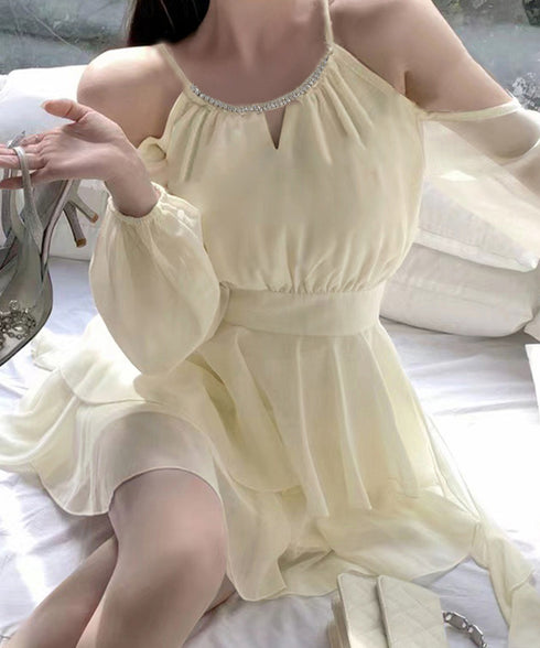 オフショルダーミニワンピース 可愛い夏服 ホルターネック チュニックワンピース レディース ウエストマーク フリルティアードワンピース きれいめワンピ フェミニン 6YIGUL-005