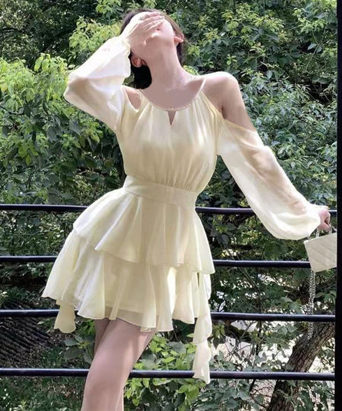 オフショルダーミニワンピース 可愛い夏服 ホルターネック チュニックワンピース レディース ウエストマーク フリルティアードワンピース きれいめワンピ フェミニン 6YIGUL-005