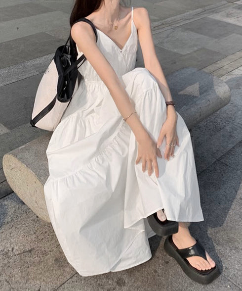 キャミワンピースVネックロングワンピース レディース 背中あきティアードワンピース ノースリーブ リゾートワンピース 体型カバー 大人セクシー 涼しげサマーワンピ 6YIGUL-006