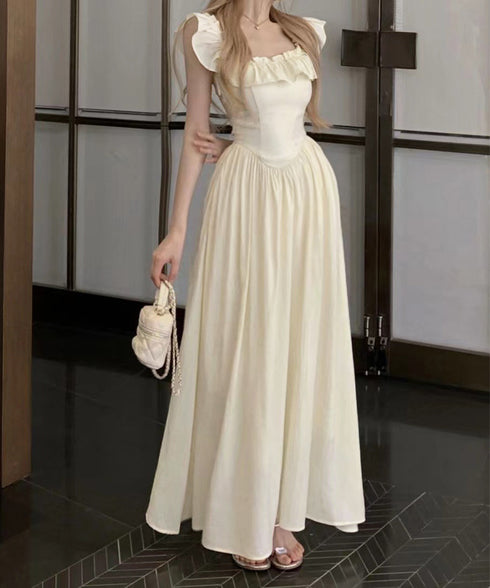 フリル付きワンピース ノースリーブワンピ レディース スクエアネックリゾートワンピース ハイウエストフレアワンピース バックシャーリング 春夏ロングワンピ 韓国風 6YIGUL-007