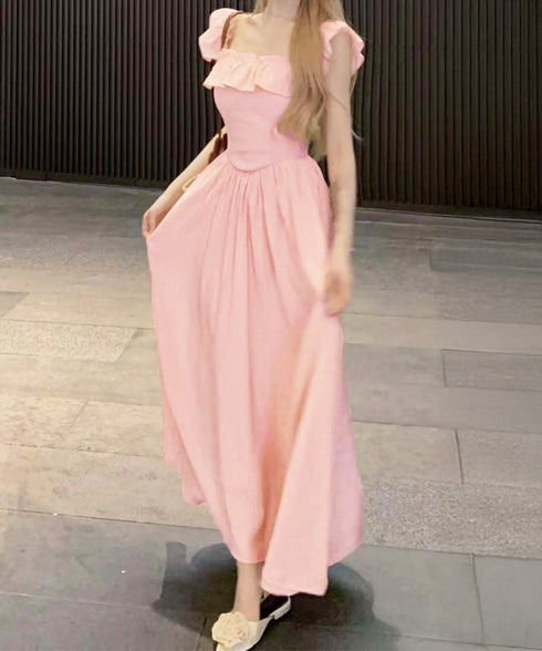 フリル付きワンピース ノースリーブワンピ レディース スクエアネックリゾートワンピース ハイウエストフレアワンピース バックシャーリング 春夏ロングワンピ 韓国風 6YIGUL-007