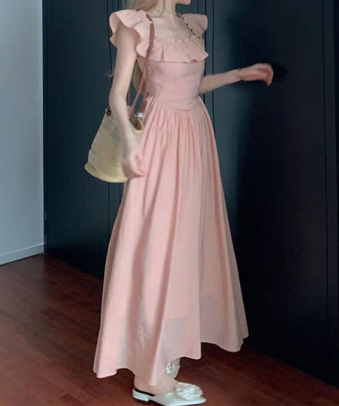 フリル付きワンピース ノースリーブワンピ レディース スクエアネックリゾートワンピース ハイウエストフレアワンピース バックシャーリング 春夏ロングワンピ 韓国風 6YIGUL-007