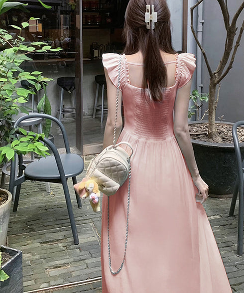 フリル付きワンピース ノースリーブワンピ レディース スクエアネックリゾートワンピース ハイウエストフレアワンピース バックシャーリング 春夏ロングワンピ 韓国風 6YIGUL-007