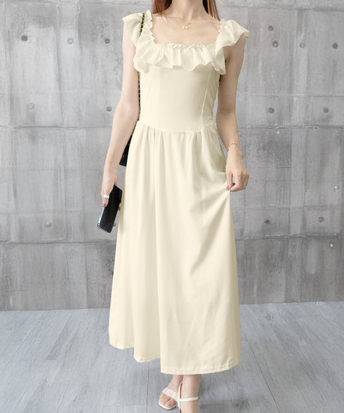 フリル付きワンピース ノースリーブワンピ レディース スクエアネックリゾートワンピース ハイウエストフレアワンピース バックシャーリング 春夏ロングワンピ 韓国風 6YIGUL-007