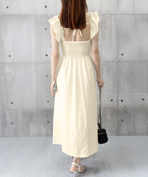 フリル付きワンピース ノースリーブワンピ レディース スクエアネックリゾートワンピース ハイウエストフレアワンピース バックシャーリング 春夏ロングワンピ 韓国風 6YIGUL-007
