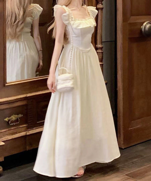 フリル付きワンピース ノースリーブワンピ レディース スクエアネックリゾートワンピース ハイウエストフレアワンピース バックシャーリング 春夏ロングワンピ 韓国風 6YIGUL-007