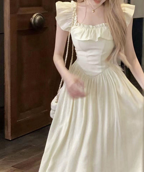 フリル付きワンピース ノースリーブワンピ レディース スクエアネックリゾートワンピース ハイウエストフレアワンピース バックシャーリング 春夏ロングワンピ 韓国風 6YIGUL-007